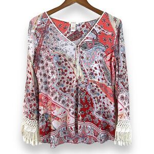 Sundance Terraza Paisley Boho Blouse S V-Neck Long Sleeve Crochet Fringe Peasant